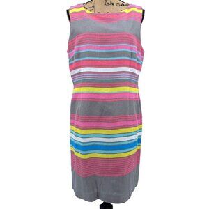 Tahari Dress Womens 14 Striped Sheath Sleeveless Zipper Linen Multicolor Lined‎